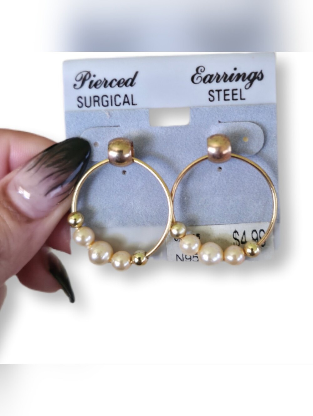Gold Hoop Earrings with Ivory Pearl Beads - Surgical Steel Posts